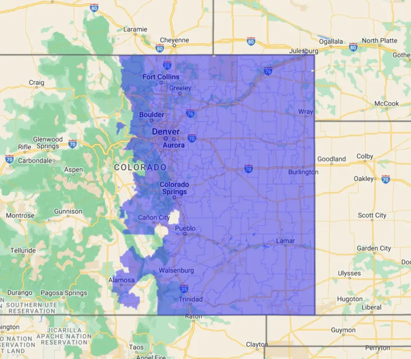 A map of Colorado with a large semi-transparent blue square overlay highlights areas ideal for pool projects, covering central and eastern regions like Denver, Colorado Springs, and Pueblo while excluding the western mountains.