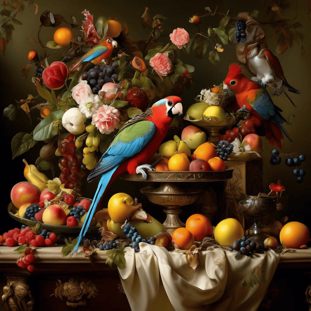 Parrots and Fruit with Other Birds and a Squirrel – Tobias Stranover