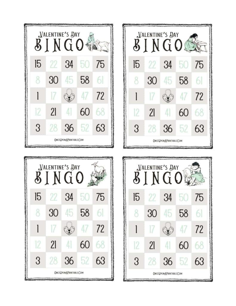 Valentine's Day bingo cards with vintage Heidi illustrations by Jessie Willcox Smith.