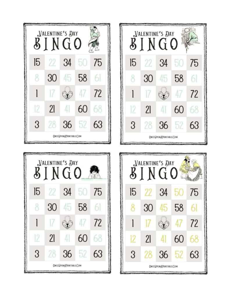Valentine's Day bingo cards with vintage Heidi illustrations by Jessie Willcox Smith.