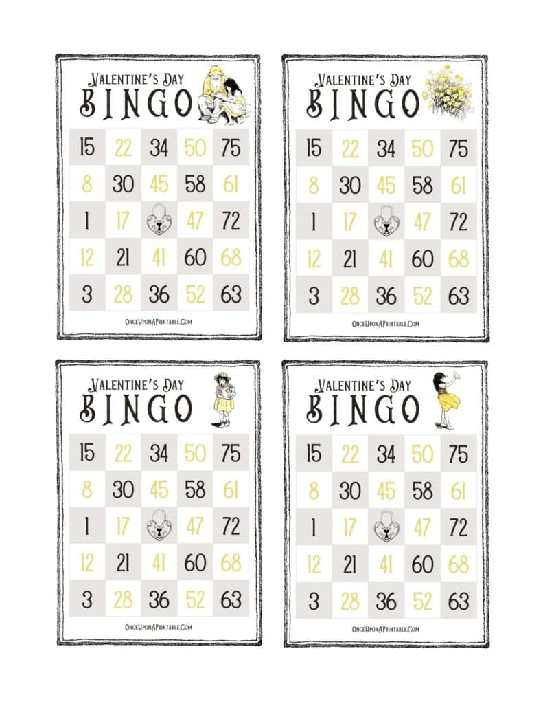 Valentine's Day bingo cards with vintage Heidi illustrations by Jessie Willcox Smith.