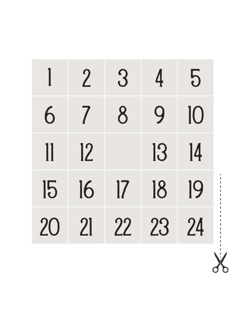 Valentine's Day bingo card numbers to draw, 1-24.