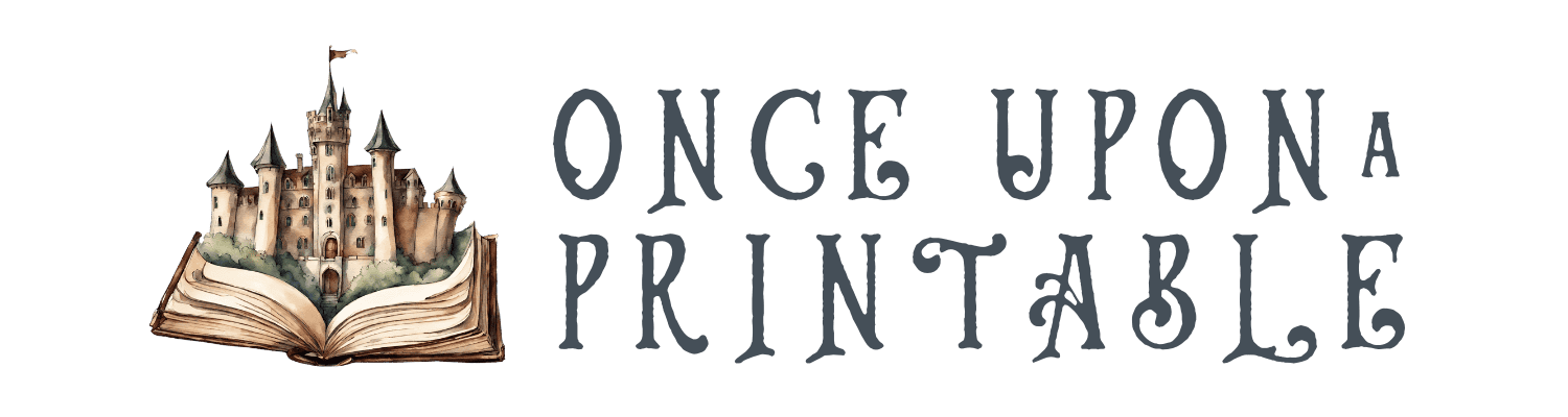 Once upon a printable long logo with a sketch and watercolor castle popping up out of an old book.