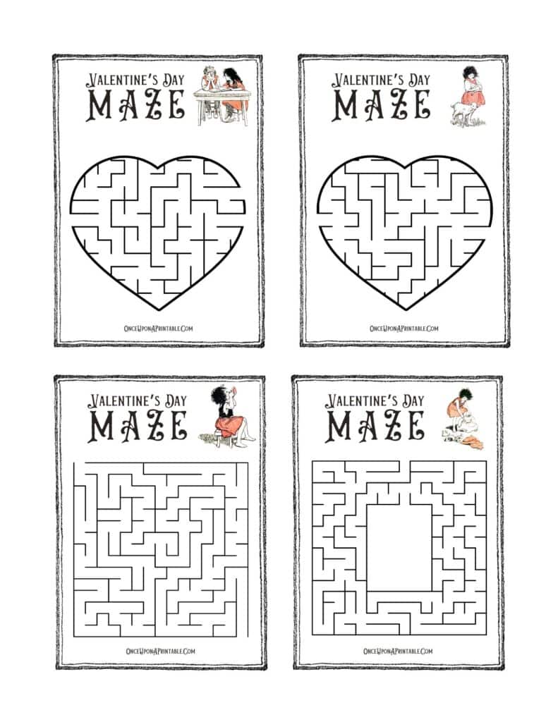 Jessie Willcox Smith vintage illustrated Valentine's Day Maze Printable cards.