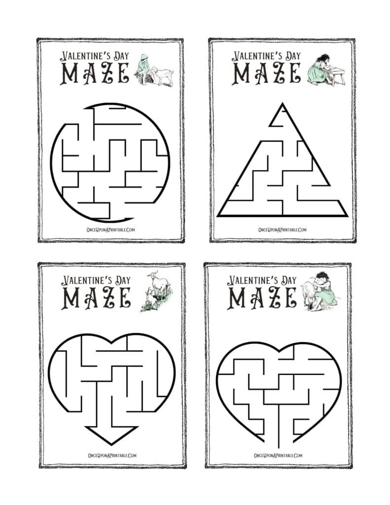 Jessie Willcox Smith vintage illustrated Valentine's Day Maze Printable cards.