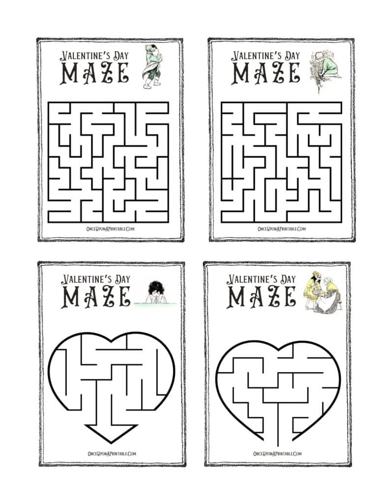 Jessie Willcox Smith vintage illustrated Valentine's Day Maze Printable cards.