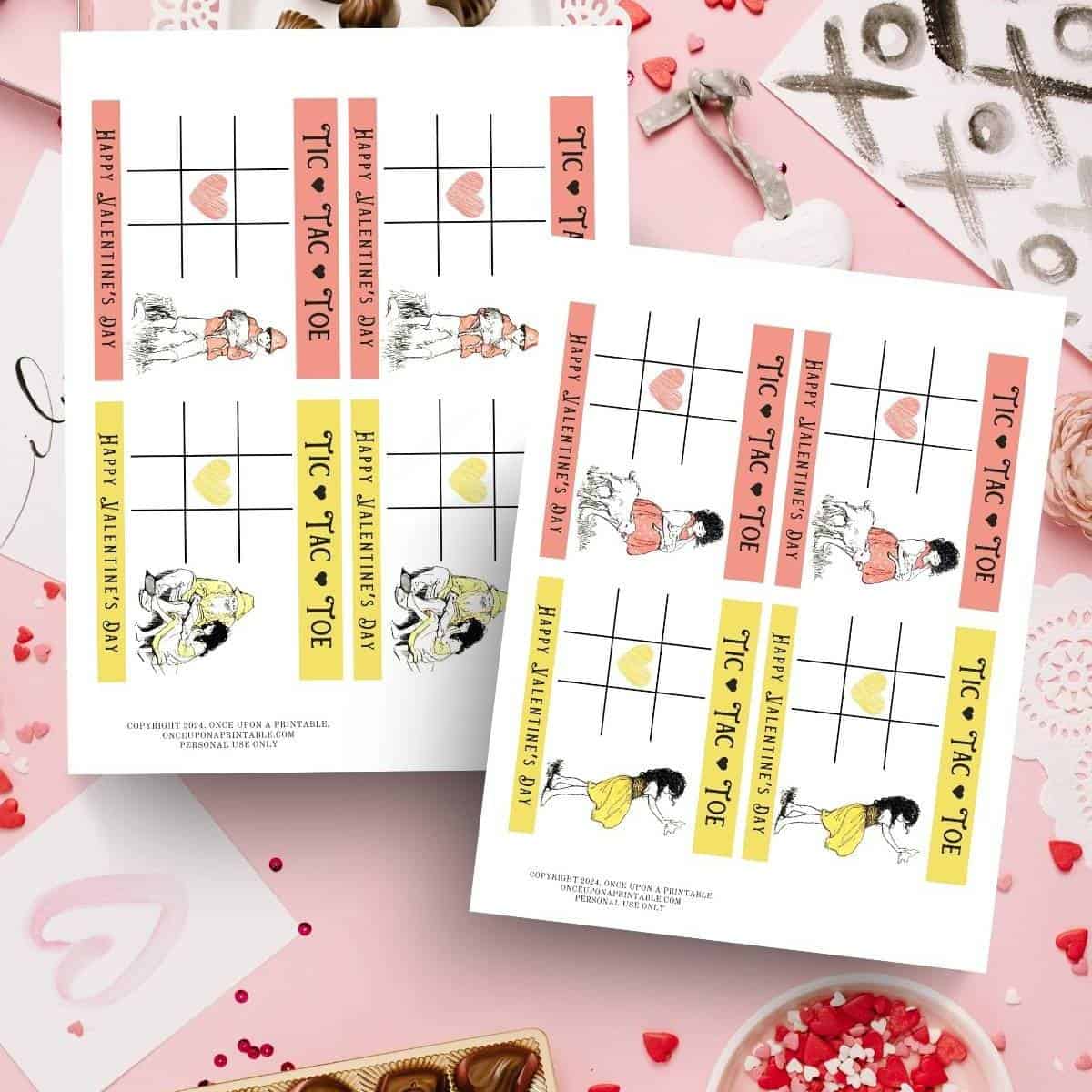 Jessie Willcox smith illustrated Heidi Valentine's day tic tac toe cards on a pink background with candy and glitter.