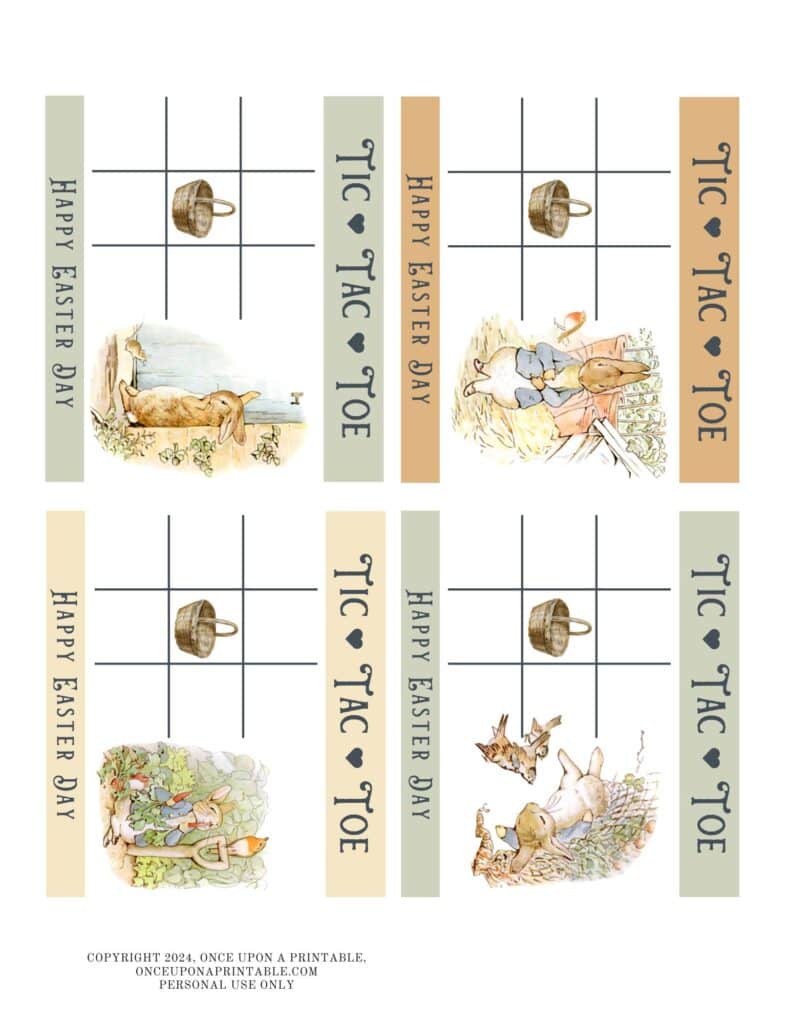 Pastel colored Peter Rabbit themed Easter tic-tac-toe game cards for treat bags.