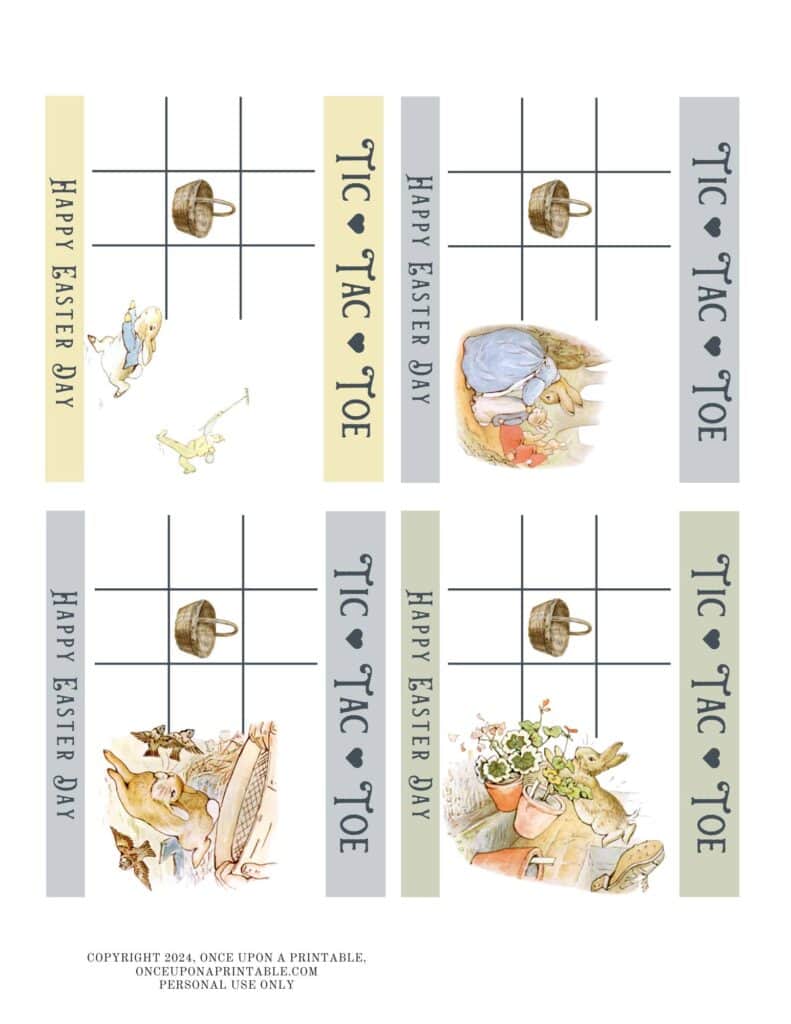 Pastel colored Peter Rabbit themed Easter tic-tac-toe game cards for treat bags.