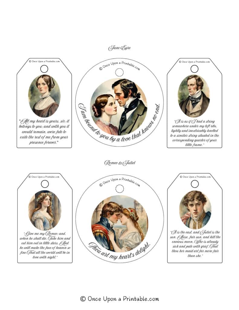 Vintage inspired watercolor graphics with quotes from Romeo and Juliet and Jane Eyre.