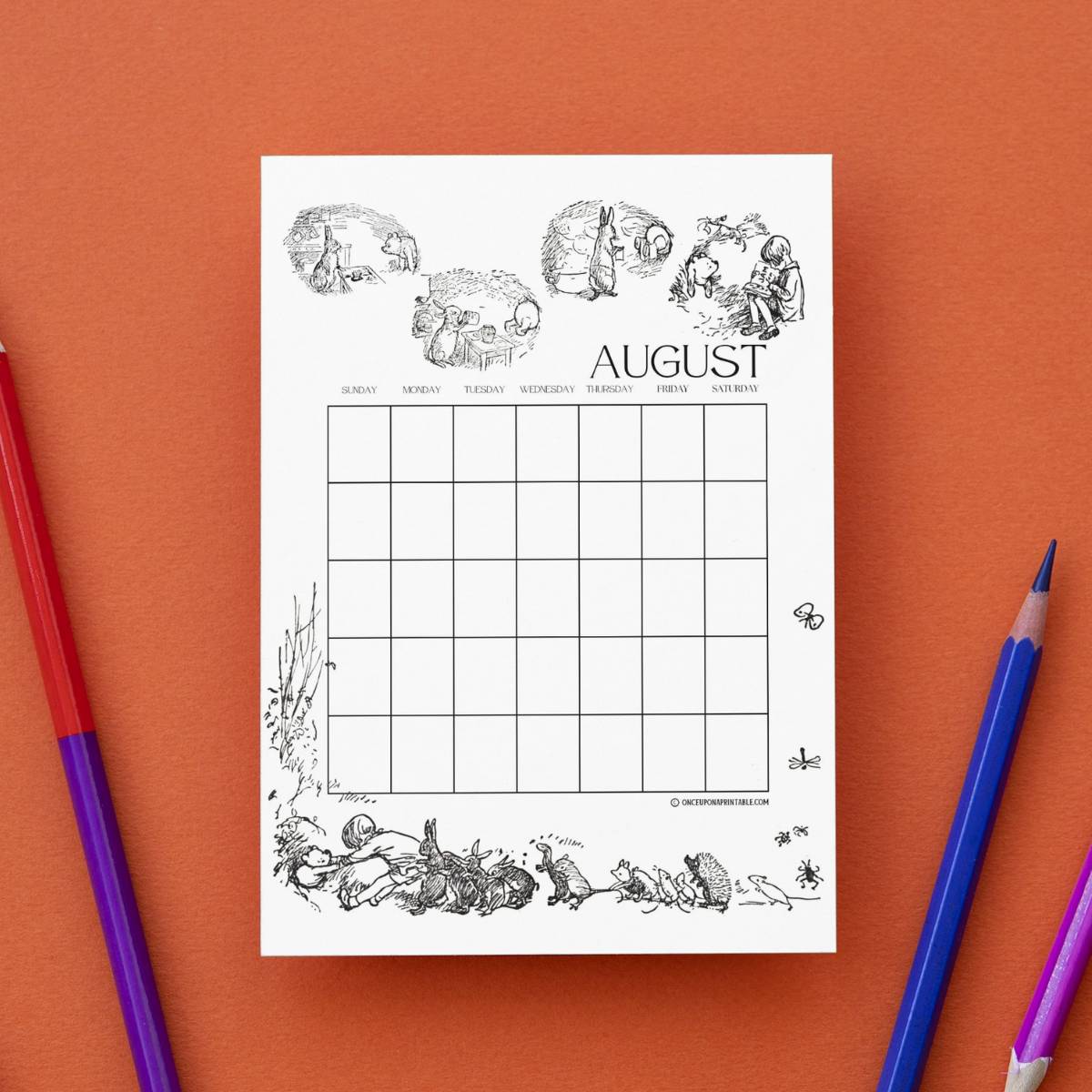 Classic Pooh Illustrated Calendar Printable, perfect for wall art just as it is or color it for personalization.