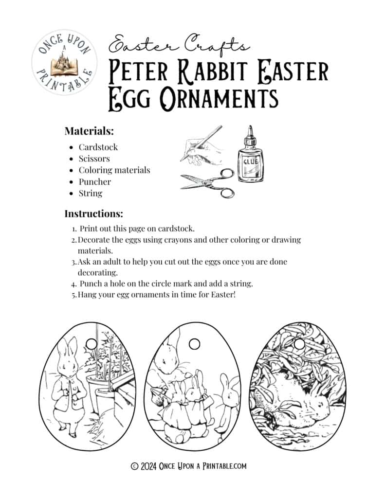 Peter Rabbit illustrated Easter egg ornaments printable pages.