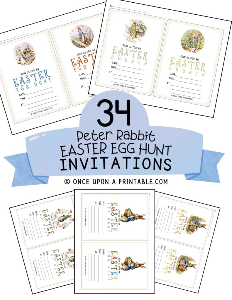 Peter Rabbit Easter egg hunt and brunch invitations in a postcard style.