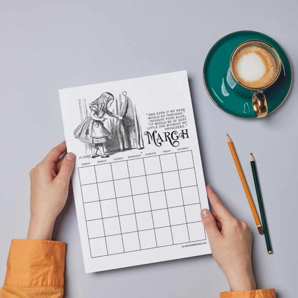 Alice's Adventures in Wonderland coloring page calendar download.