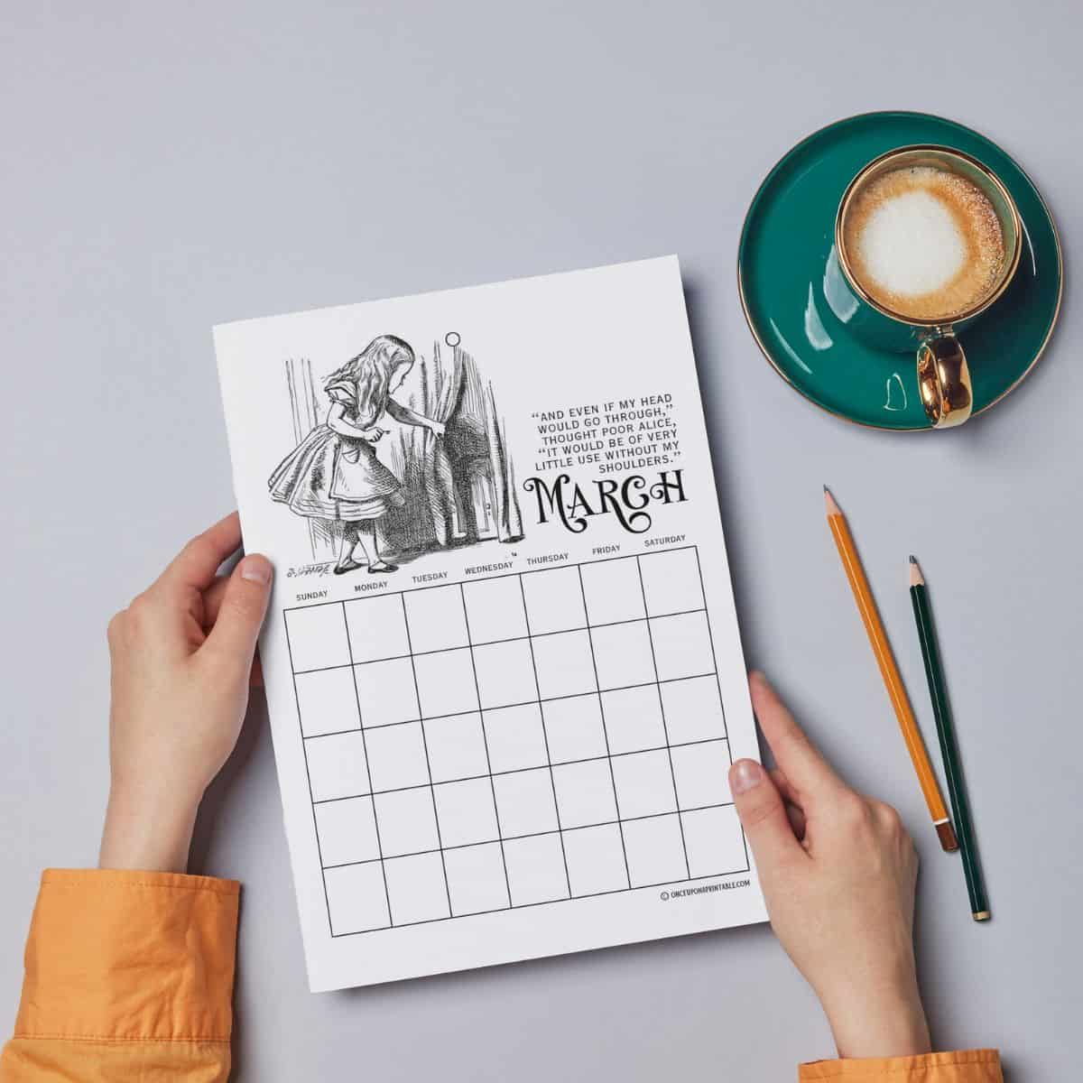 Alice's Adventures in Wonderland coloring page calendar download.
