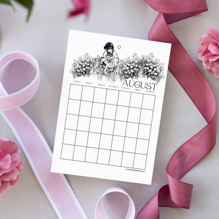 Heidi illustrated calendar pages by Jessie Willcox Smith sitting on a pink ribbon with pink flowers.