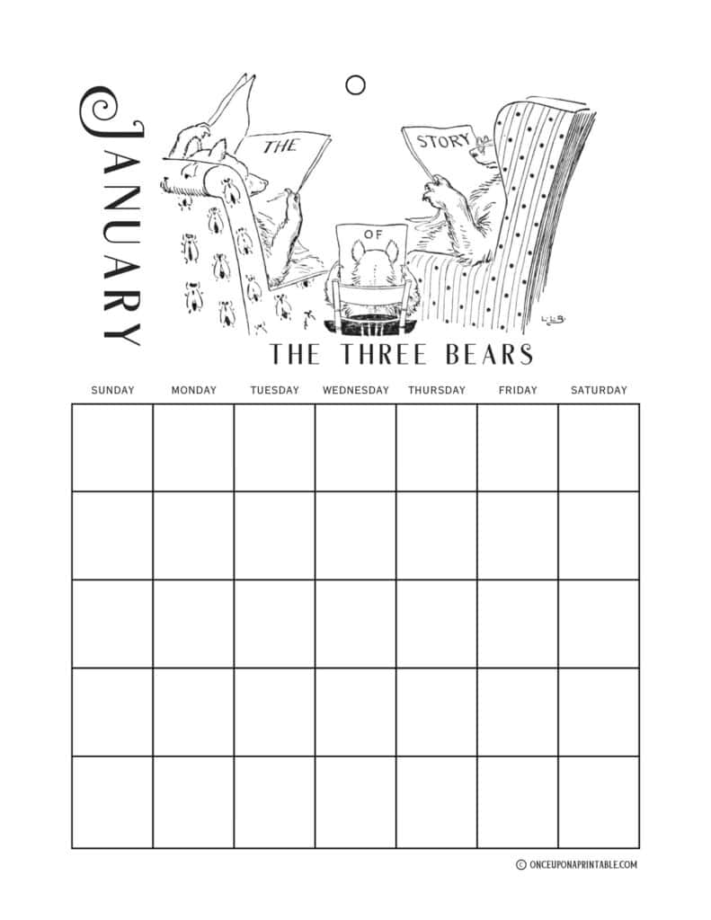 The Three Bears illustrated calendar coloring pages.