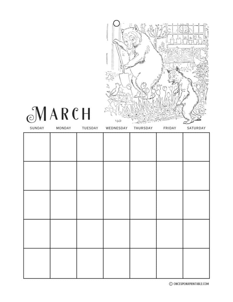 The Three Bears illustrated calendar coloring pages.