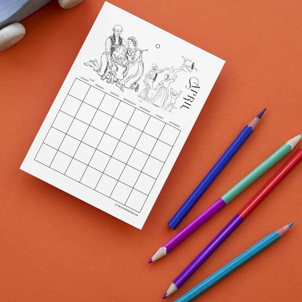 The Tailor and the Crow coloring Calendar page on an orange background with colored pencils.