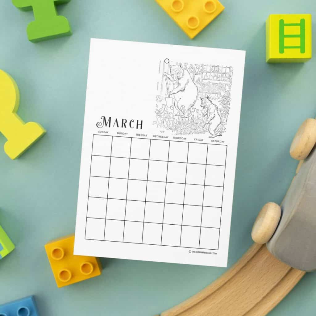 The three bears calendar coloring pages, displayed on a blue table with legos and train set.