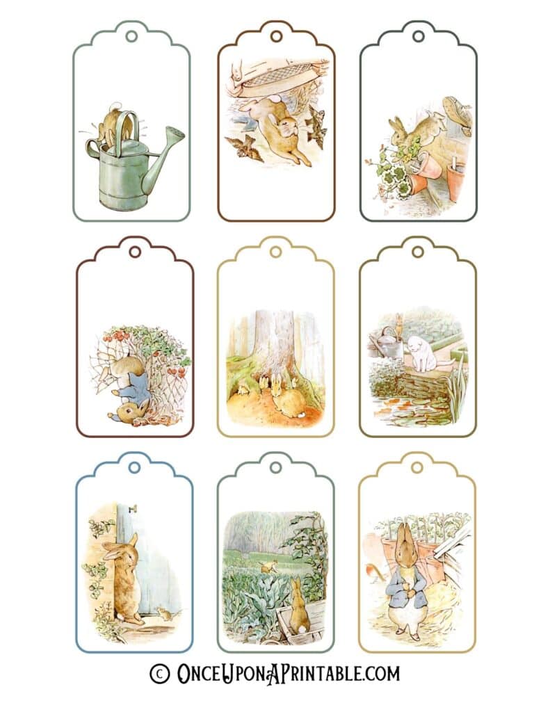 Originally illustrated party favor gift tags of Peter Rabbit and friends by Beatrix Potter.