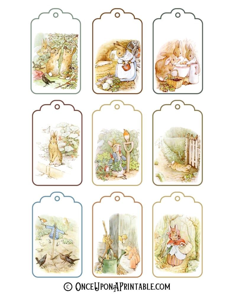 Originally illustrated party favor gift tags of Peter Rabbit and friends by Beatrix Potter.