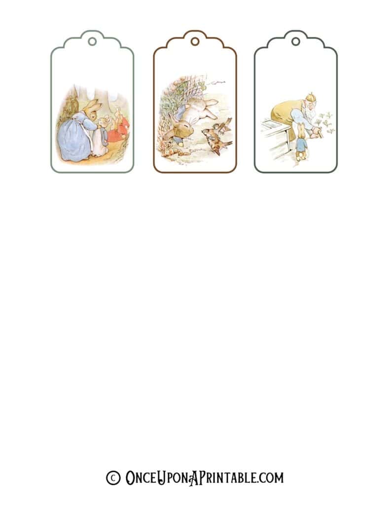 Originally illustrated party favor gift tags of Peter Rabbit and friends by Beatrix Potter.