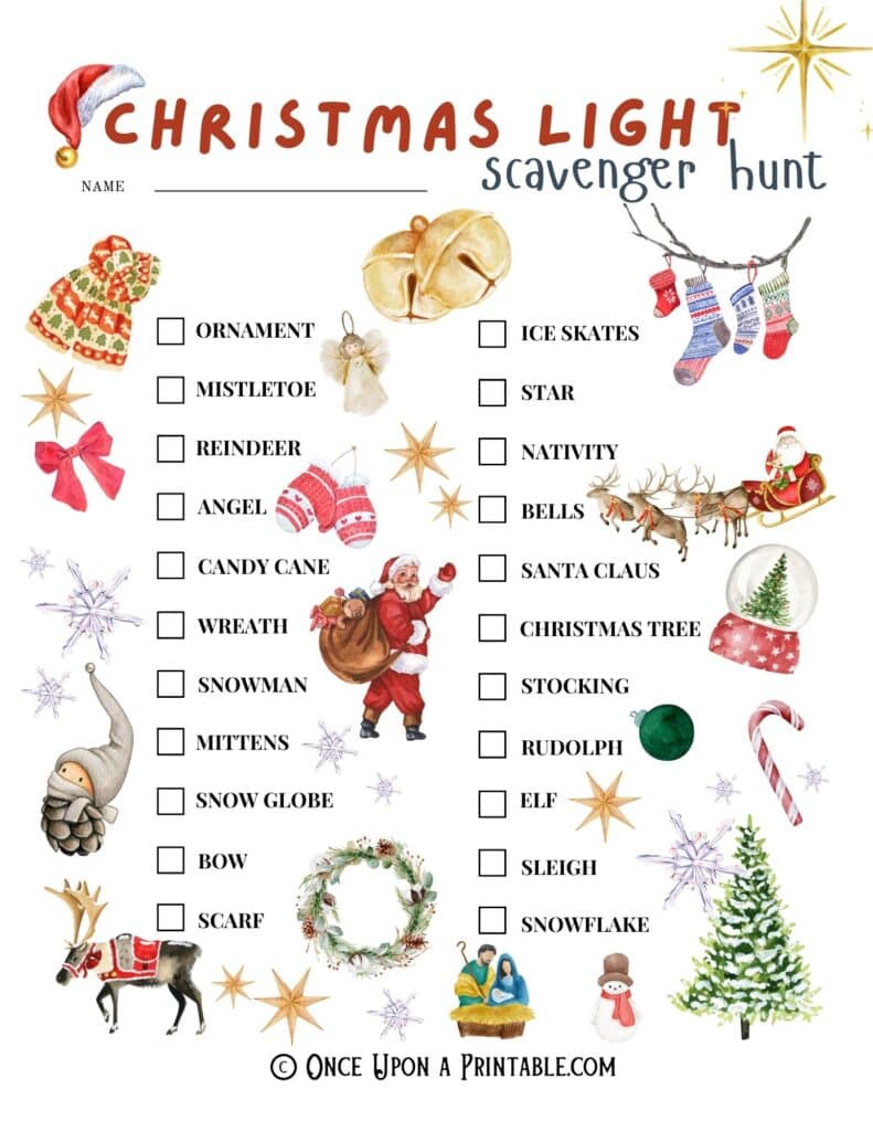 Christmas lights scavenger hunt printables for the whole family, brightly colored christmas themed graphics.