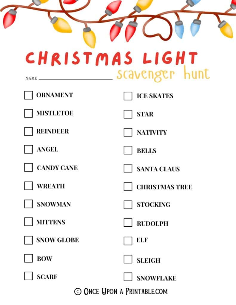 Christmas lights scavenger hunt printables for the whole family, brightly colored christmas themed graphics.