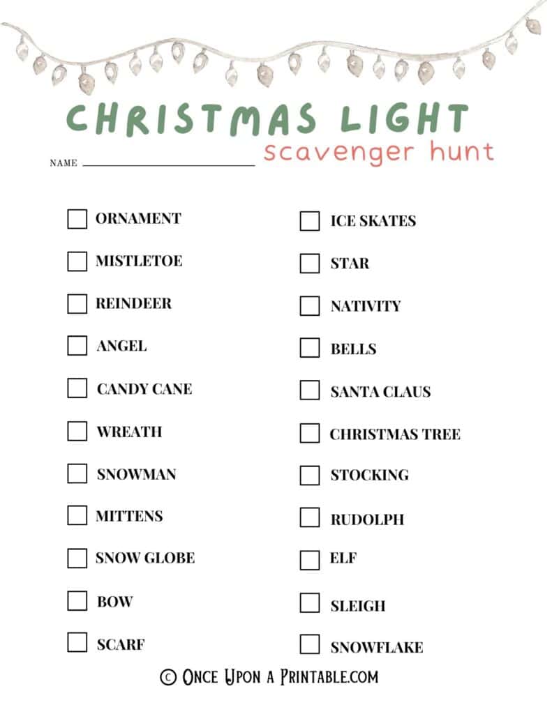 Christmas lights scavenger hunt printables for the whole family, brightly colored christmas themed graphics.