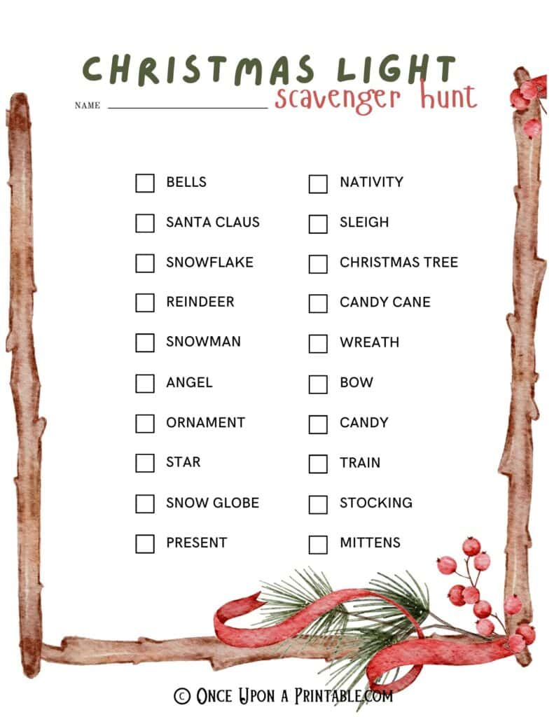 Christmas lights scavenger hunt printables for the whole family, brightly colored christmas themed graphics.