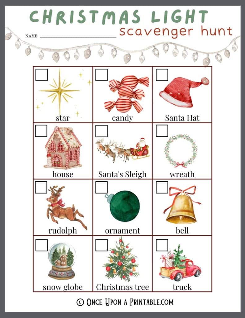 Christmas lights scavenger hunt printables for the whole family, brightly colored christmas themed graphics.