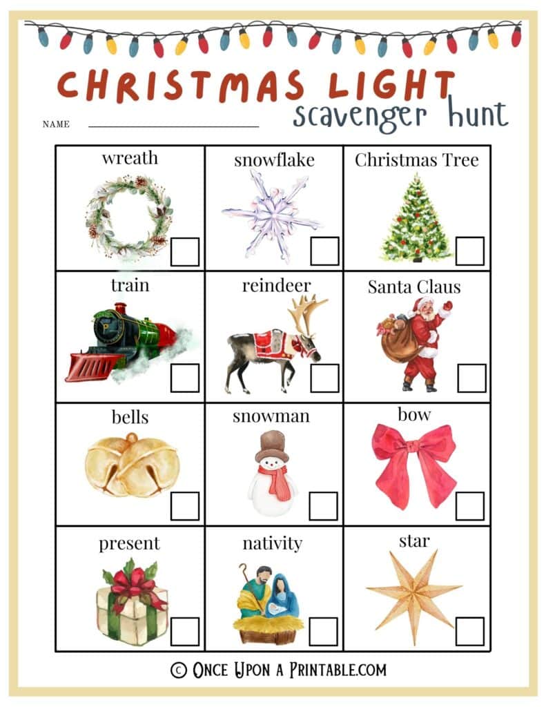 Christmas lights scavenger hunt printables for the whole family, brightly colored christmas themed graphics.
