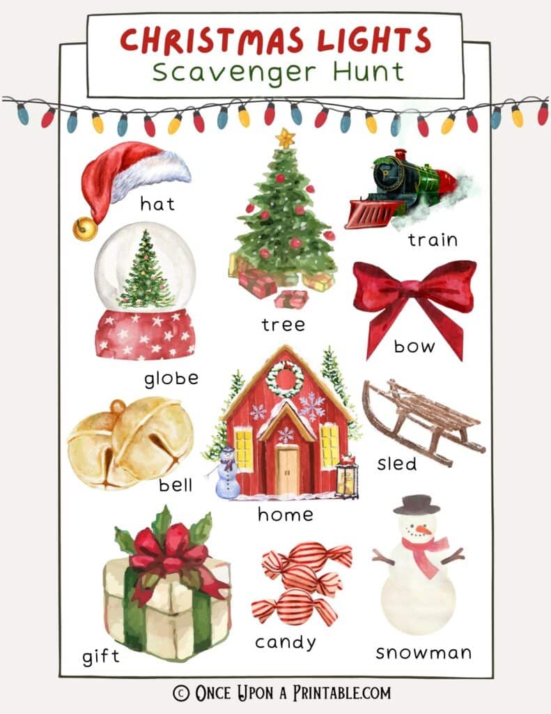 Christmas lights scavenger hunt printables for the whole family, brightly colored christmas themed graphics.