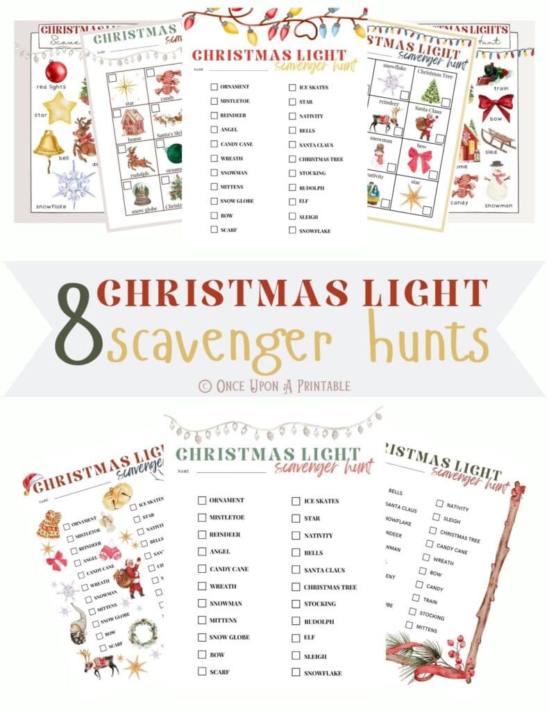 Christmas lights scavenger hunt printables for the whole family, brightly colored christmas themed graphics.