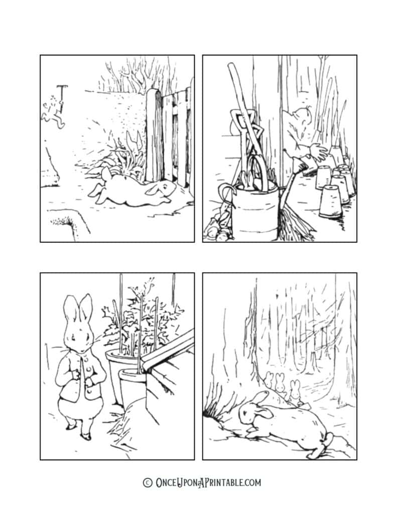 Beatrix Potter mini Peter Rabbit coloring pictures, free printables for kids.