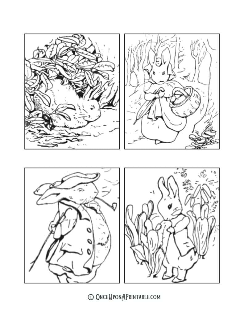 Beatrix Potter mini Peter Rabbit coloring pictures, free printables for kids.