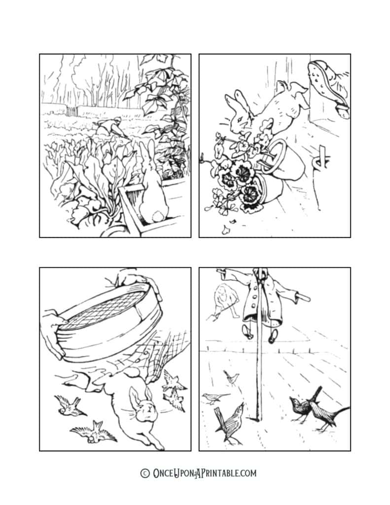 Beatrix Potter mini Peter Rabbit coloring pictures, free printables for kids.