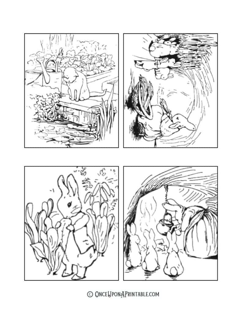 Beatrix Potter mini Peter Rabbit coloring pictures, free printables for kids.