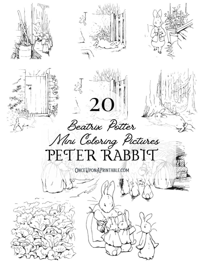 Beatrix Potter mini Peter Rabbit coloring pictures, free printables for kids.