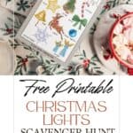 Christmas lights scavenger hunt printables for the whole family, brightly colored christmas themed graphics.