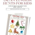 Christmas lights scavenger hunt printables for the whole family, brightly colored christmas themed graphics.