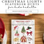 Christmas lights scavenger hunt printables for the whole family, brightly colored christmas themed graphics.