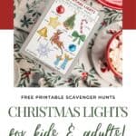 Christmas lights scavenger hunt printables for the whole family, brightly colored christmas themed graphics.