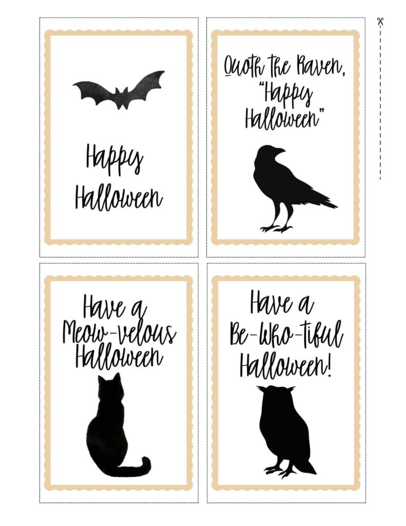 Simple Halloween note cards with black and white graphics and an orange scalloped edge.
