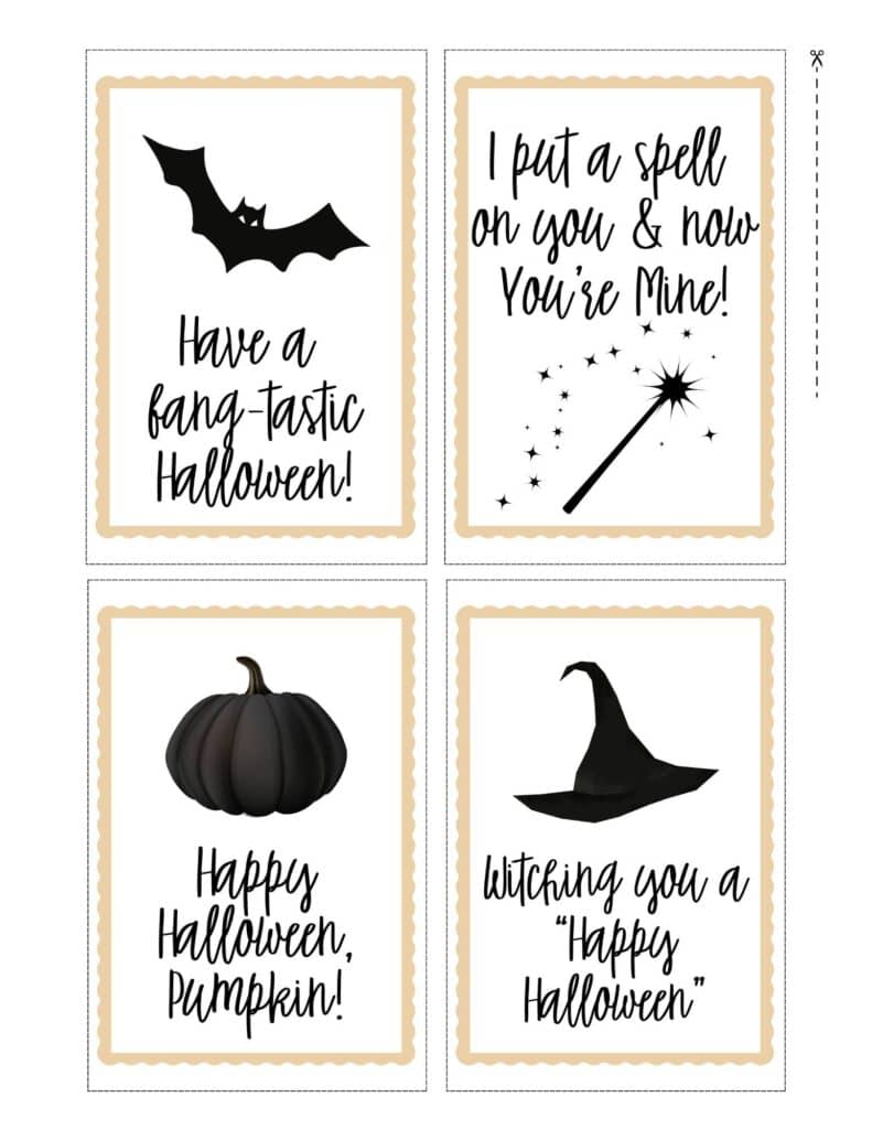 Simple Halloween note cards with black and white graphics and an orange scalloped edge.