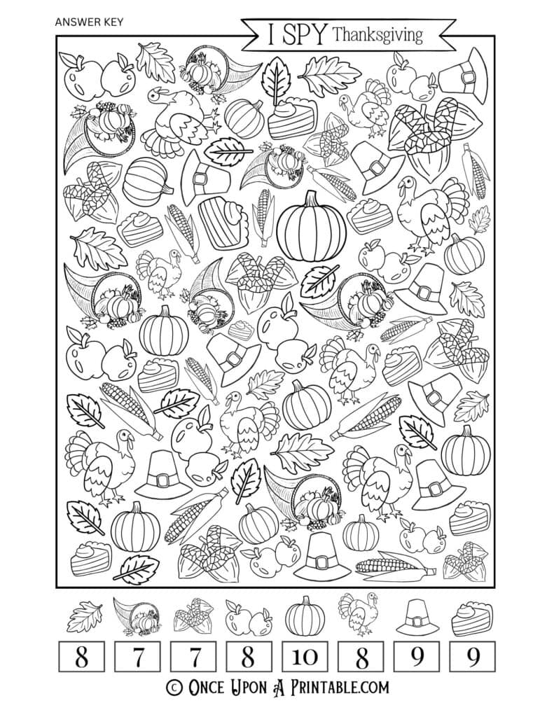 Thanksgiving I spy activity sheet for kids, black and white answer key.