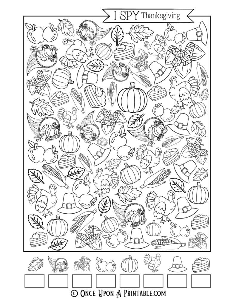 Thanksgiving I spy activity sheet for kids, black and white.