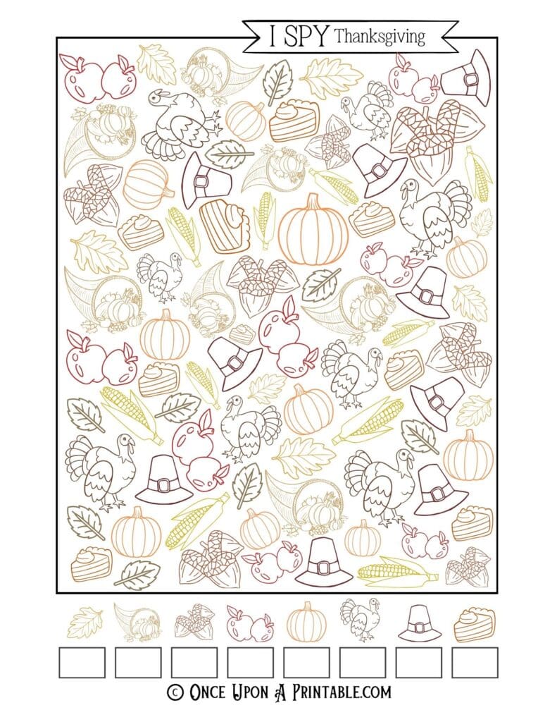Thanksgiving I spy activity sheet for kids, colorful version.