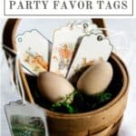 Classic Peter Rabbit party favor tags on a little basket with wooden eggs.